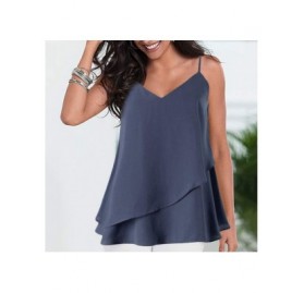 Rain Hats Women's Sexy Tops Fashion Solid Color Small Strap Double Ruffled Camisole Blouse - Navy - CR18SSC2SKR $15.91