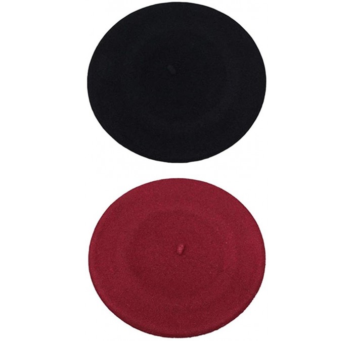 Berets French Beret - Wool Solid Color Womens Beanie Cap Hat - 2pcs Black and Wine Red - CQ18QLW9QWO $16.81