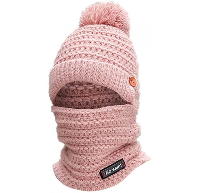 Balaclavas Winter Warm Cap Adult Women Men Winter Earmuffs Knit Hat Scarf Hairball Warm Cap - Pink - CG18L43AKRH $19.33