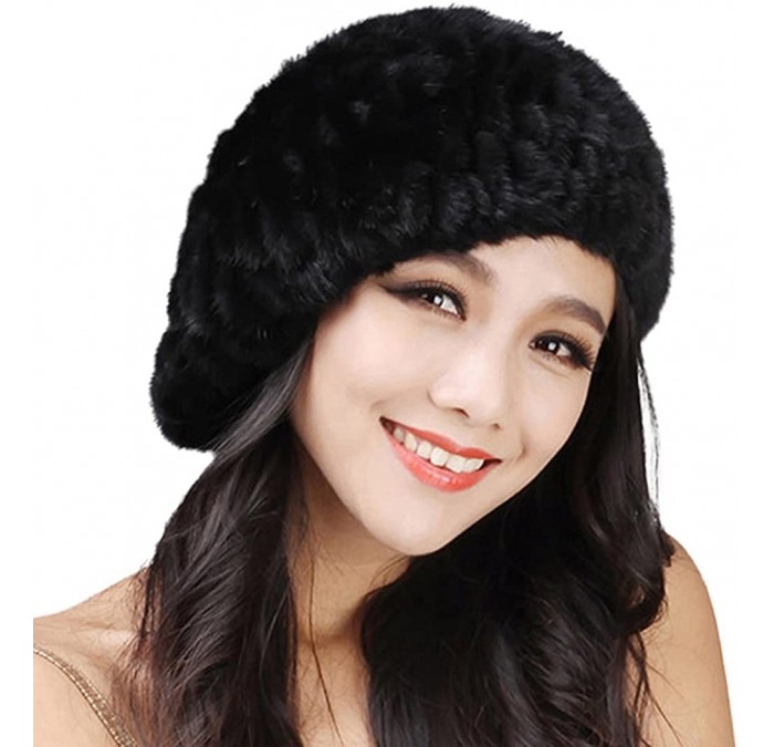 Berets Women's Knitted Mink Fur Beret Hat Winter Fur Hat - Black - CY1255CC1ZB $114.20