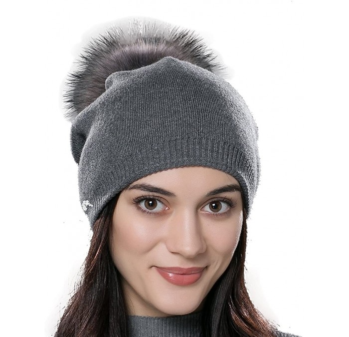 Skullies & Beanies Autumn Unisex Wool Knit Beanie Cap with Fur Ball Pom Pom Winter Hat - Gray With Fox Fur Pompom - CY12MYWQG...