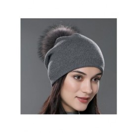 Skullies & Beanies Autumn Unisex Wool Knit Beanie Cap with Fur Ball Pom Pom Winter Hat - Gray With Fox Fur Pompom - CY12MYWQG...