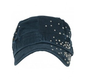 Baseball Caps Distressed Military Silver Round Studs Cadet Cap Flex-fit Army Style Hat - Navy - CA11ENSD667 $34.57