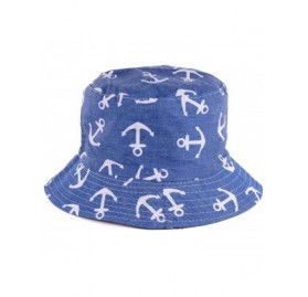 Bucket Hats Packable Reversible Black Printed Fisherman Bucket Sun Hat- Many Patterns - Anchor Mid Denim - C312DAEA3TP $11.37