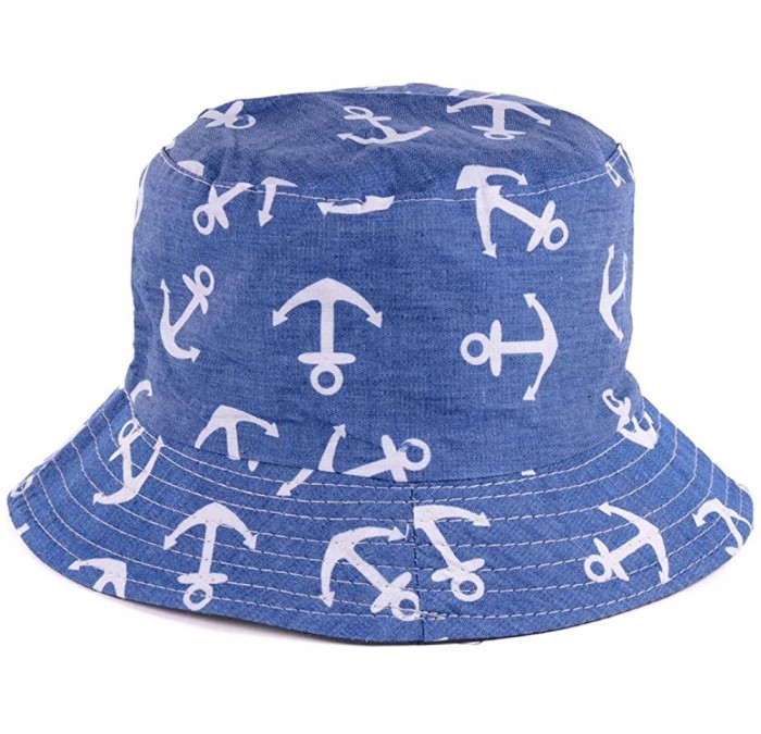 Bucket Hats Packable Reversible Black Printed Fisherman Bucket Sun Hat- Many Patterns - Anchor Mid Denim - C312DAEA3TP $11.37
