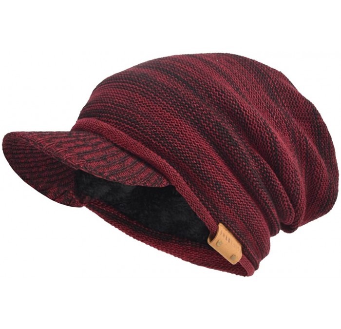 Skullies & Beanies Mens Womens Thick Fleece Lined Knit Newsboy Cap Slouch Beanie Hat with Visor - Claret - CW186IUG5Q5 $7.97