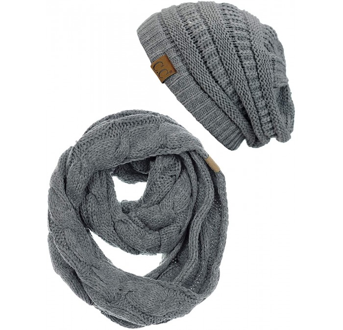 Skullies & Beanies Unisex Soft Stretch Chunky Cable Knit Beanie and Infinity Loop Scarf Set - Light Melange Gray - CL18KIIWUW...