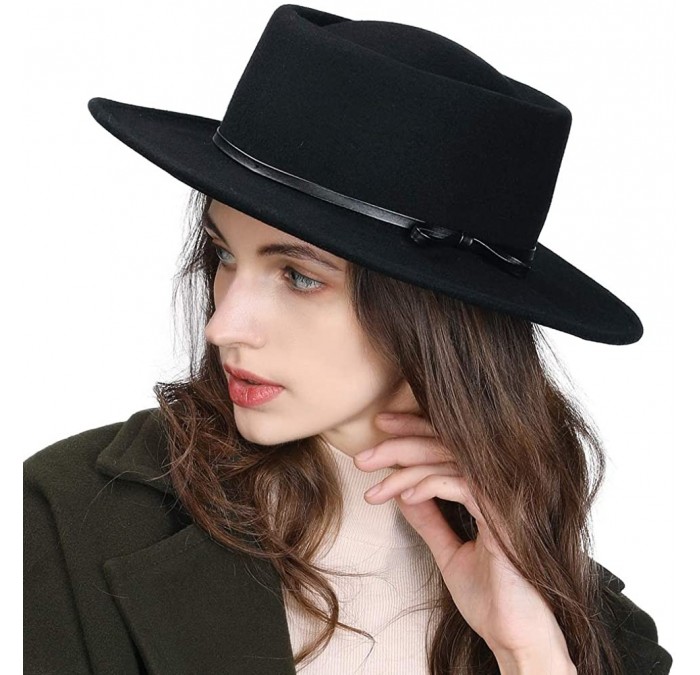 Fedoras Womens 100% Wool Felt Fedora Hat Wide Brim Floppy/Porkpie Style - 88350black - CG18IL795NK $38.21