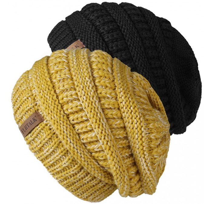 Skullies & Beanies Winter Beanie for Women - 2 Packs Fleece Lined Warm Knit Skull Slouch Beanie Hat - Black & Mixyellow - CJ1...