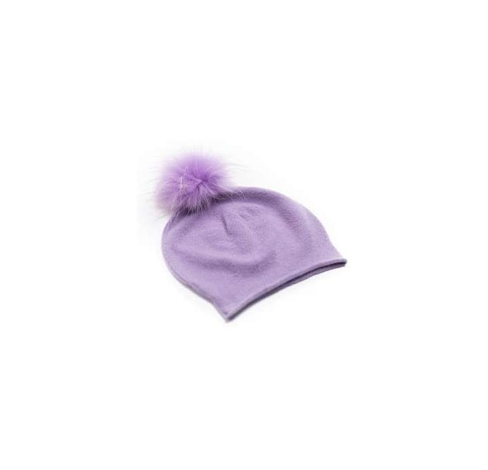 Skullies & Beanies Women's Winter 100% Pure Cashmere Beanie hat with Detachable Real Fur Pompom - Violet - C71939LD4EM $98.26