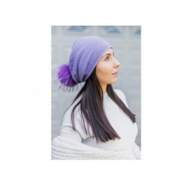 Skullies & Beanies Women's Winter 100% Pure Cashmere Beanie hat with Detachable Real Fur Pompom - Violet - C71939LD4EM $90.98
