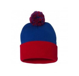 Skullies & Beanies The Two Tone Thick Knitted Cuffed Winter Pom Beanie - Blue/Red - CZ11SFY8H6J $8.40