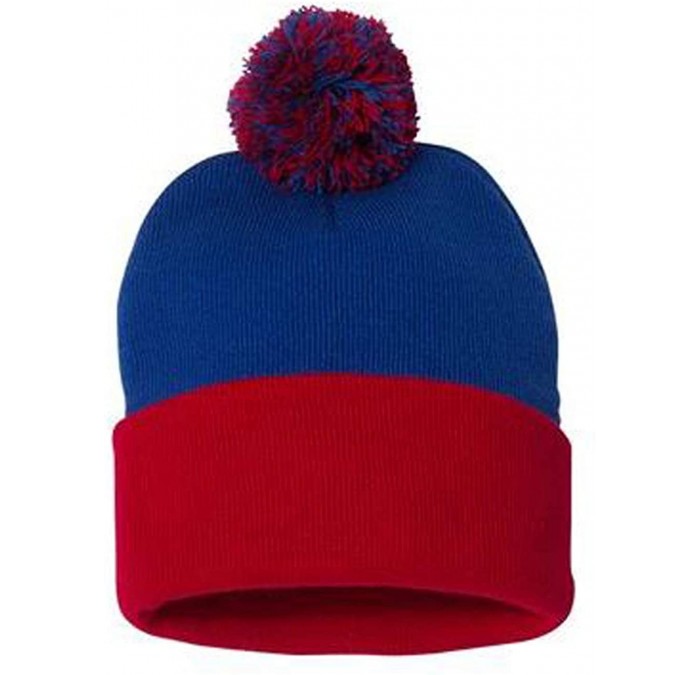Skullies & Beanies The Two Tone Thick Knitted Cuffed Winter Pom Beanie - Blue/Red - CZ11SFY8H6J $22.05