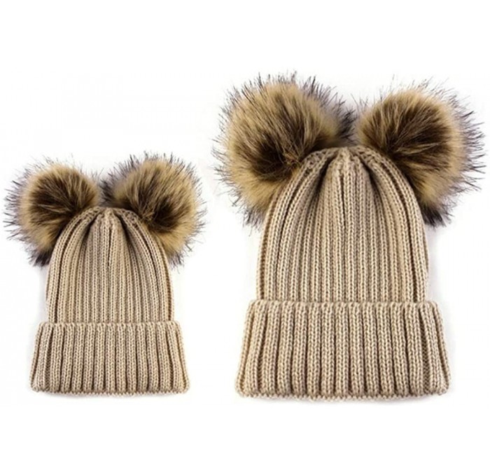 Skullies & Beanies Parent-Child Matchy Hat Winter Mom Baby Double Pompom Faux Fur Beanie Ski Cap - Khaki - C718L8OLIH2 $33.49
