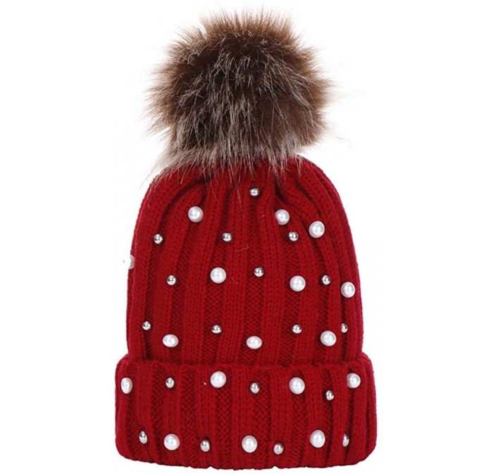 Skullies & Beanies Women Faux Fur Pom Pom Beanie Cap Fashion Winter Pearl Knit Ski Hat - Red - CC18LK3XQWT $15.33