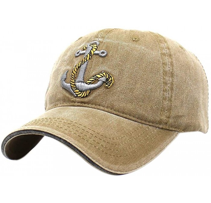 Baseball Caps Anchor Embroidered Cotton Washed Dad Hat Distressed Retro Baseball Hat - Khaki - CD18NUGNRN0 $24.67