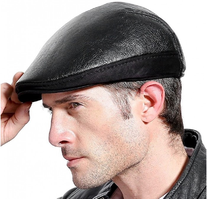 Newsboy Caps Men's Leather Beret Hunting Cap Trucker Cap Newsboy Flat Cap Golf Hunting Cabby Hat with Ear Flaps Black - CX188...