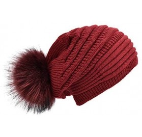 Skullies & Beanies Winter Hats for Women Slouchy Beanie hat Real Fur Pom pom Chunky Baggy - Red With Red Fur Pompom - CB18HSZ...