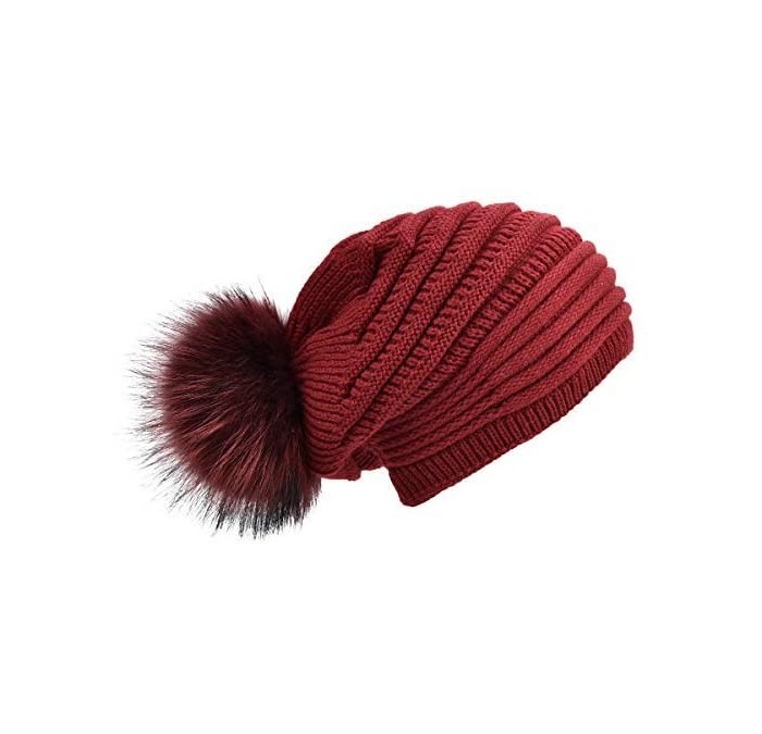 Skullies & Beanies Winter Hats for Women Slouchy Beanie hat Real Fur Pom pom Chunky Baggy - Red With Red Fur Pompom - CB18HSZ...