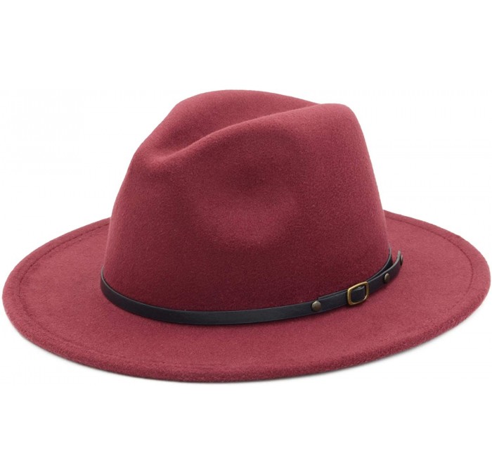 Fedoras Women Men Vintage Wide Brim Belt Buckle Panama Felt Fedora Hat - Wine Red - C718Z09Q6IR $13.44