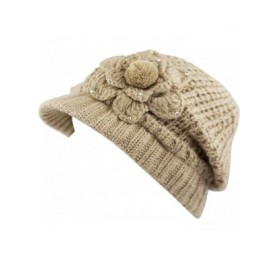 Skullies & Beanies Winter Chunky Long Knit Visor Beanie Skull Hat Cap - Flower-beige - CK18HR5Q7UL $12.50
