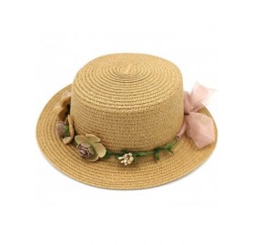 Sun Hats Women Summer Straw Boater Hat Beach Round Top Caps Wedding Flower Garland Band - Khaki - CF1832TI22W $9.50
