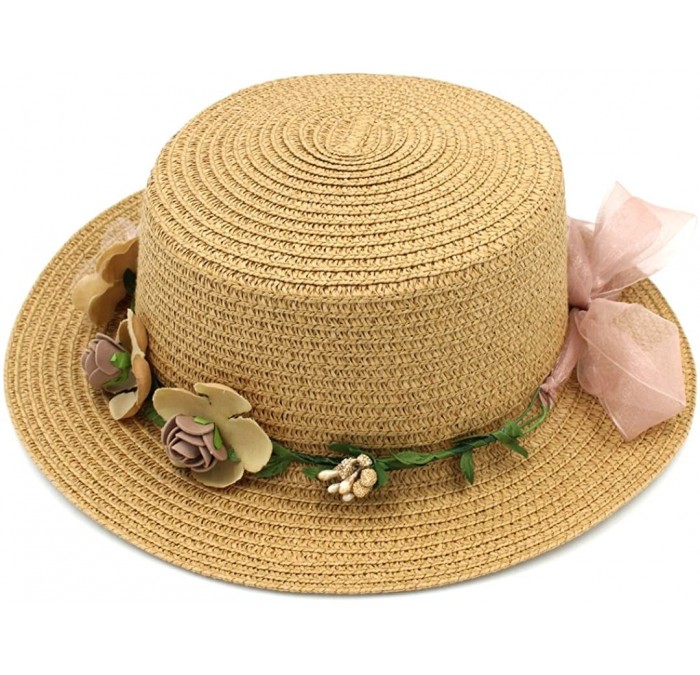 Sun Hats Women Summer Straw Boater Hat Beach Round Top Caps Wedding Flower Garland Band - Khaki - CF1832TI22W $18.49