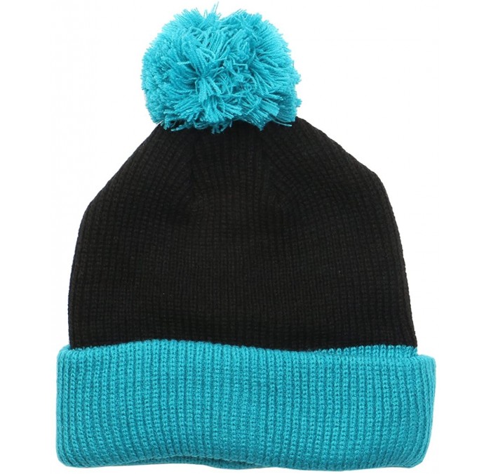 Skullies & Beanies The Two Tone Thick Knitted Cuffed Winter Pom Beanie - Black/Teal - C511SFY8E0N $18.84