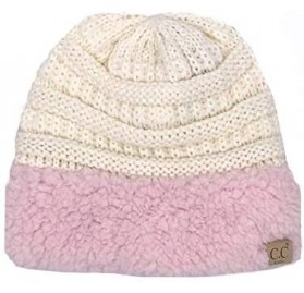 Skullies & Beanies C.C Unisex Soft Stretch Cable Knit Fuzzy Beanie Sherpa Trim - Ivory/Pink - CM18RLG2S37 $12.93