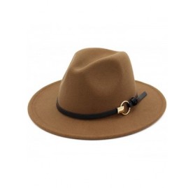 Fedoras Dantiya Men & Women Vintage Wide Brim Felt Fedora Hat Wide Brim Panama Hats with Belt Metal Buckle - Khaki - C218YCAX...