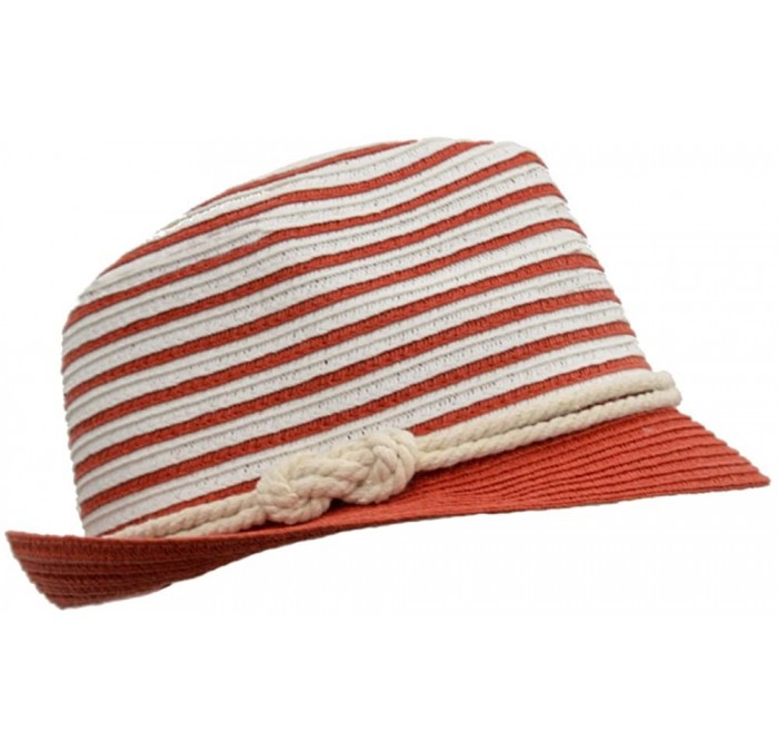 Fedoras Straw Panama Fedora- Thin Striped Summer Hat with Rope Hatband- Packable - Red White - CS17Z5GA8UE $18.18