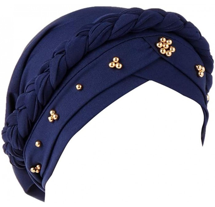 Skullies & Beanies Twisted Beading Braid Chemo Cancer Turbans Cap Hair Cover Wrap Turban Hats Headwear for Women - Navy - CQ1...