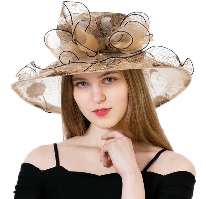 Sun Hats Women's Polka Dot Kentucky Derby Hats Church Hat Tea Party Wedding Organza Hats - Coffee - CE17Z74H6K5 $54.17