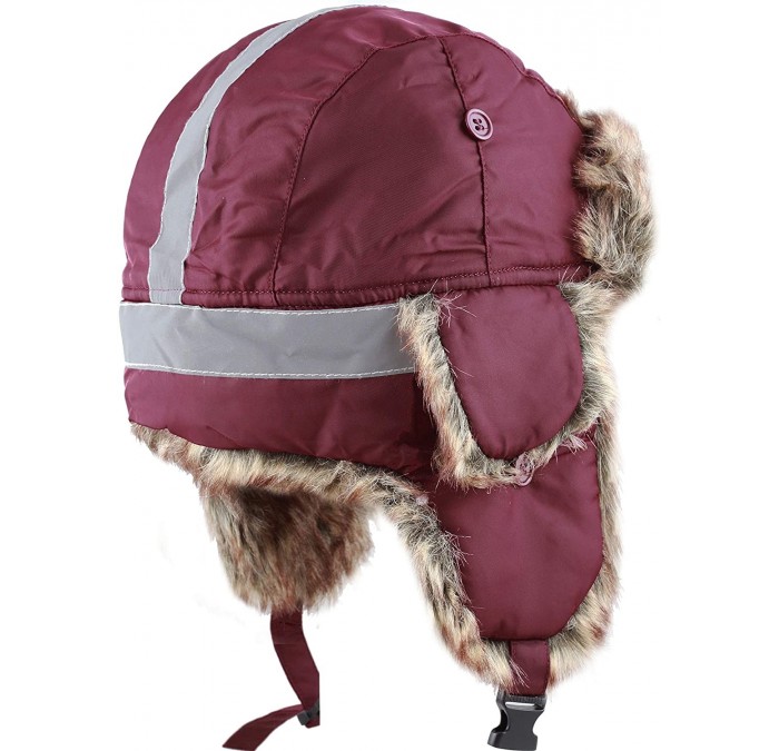 Bomber Hats Safety Reflective Faux Fur Aviator Kids Adult Trapper Hat Snow Ski Trooper Winter Cap - Burgundy - CI18K2Z3EQ4 $3...