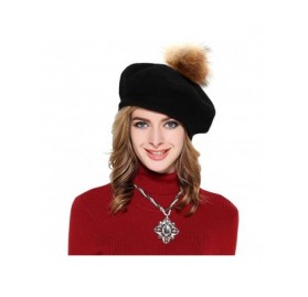 Berets Womens French Beret Cap Wool Knit Winter Warm Beanie Hats with Fur Ball Pom Pom - Black - CV12NSLPGD5 $19.71