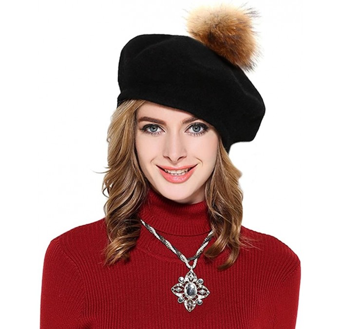 Berets Womens French Beret Cap Wool Knit Winter Warm Beanie Hats with Fur Ball Pom Pom - Black - CV12NSLPGD5 $38.97
