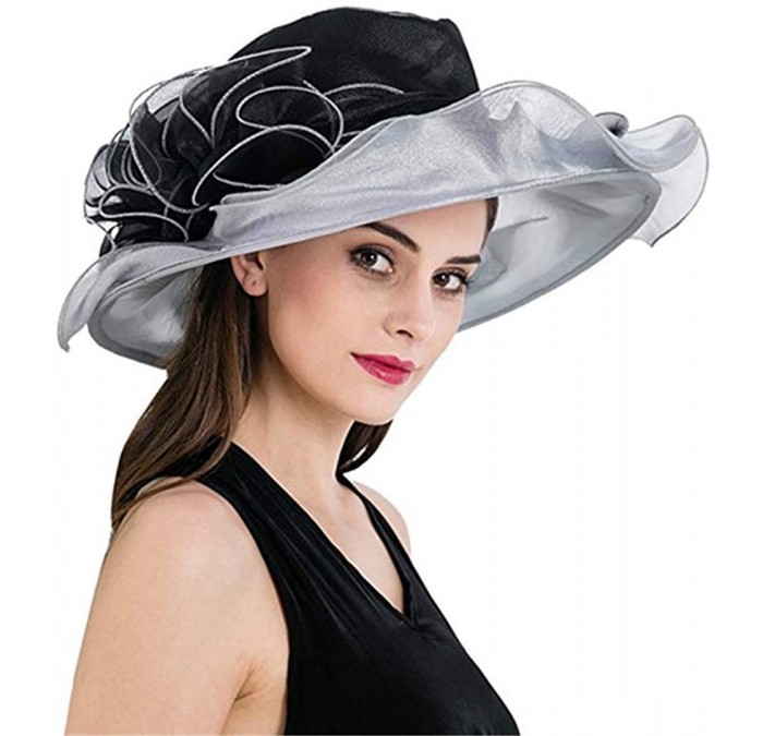Sun Hats Women's Derby Hat Ruffle Brim Floral Aside Patchwork Organza Wide Brim Hat - Black Top and White - C618NC244RK $34.11