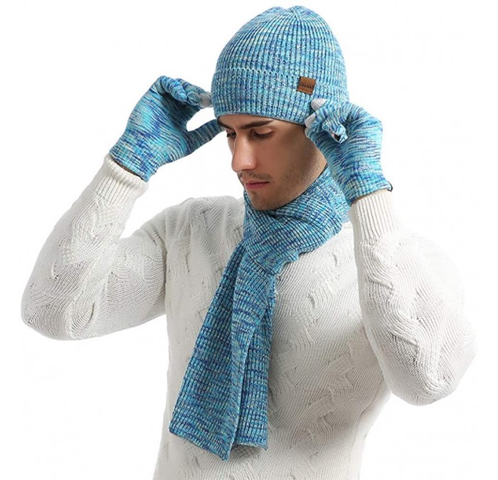Skullies & Beanies Fashion Cute Unisex Knitted Scarf Beanie Hat and Gloves Set Stretch Hat Scarf and Mitten Set - Sky Blue - ...