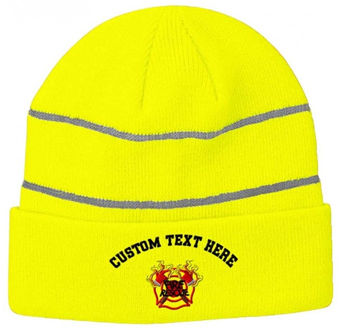 Skullies & Beanies Custom Reflective Beanie Fire Fighter Rescue Logo Embroidery Acrylic - Neon Yellow - CK18H5ME6NW $42.70