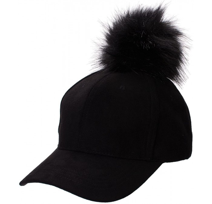Baseball Caps Womens Adjustable Suede Baseball Cap Hip-Hop Hat Faux Fur Pom Pom A383 - Black - CI187D08WST $22.38