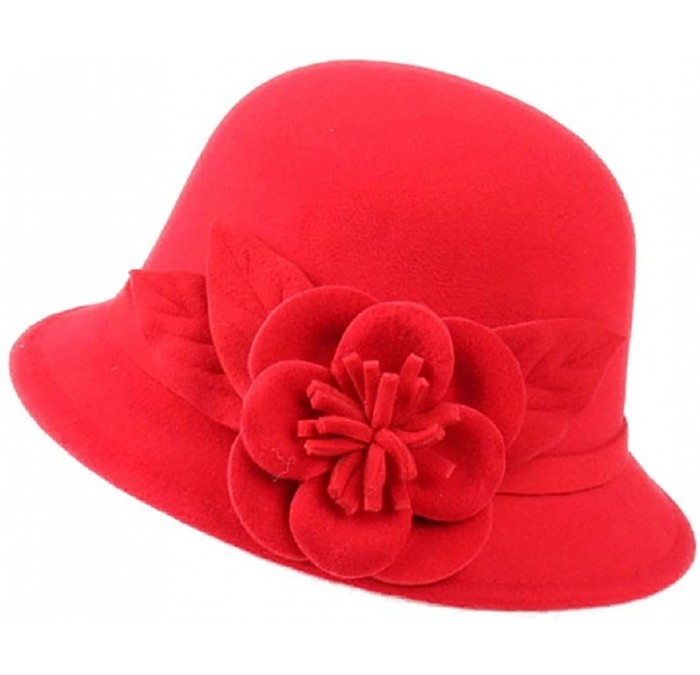 Bucket Hats Womens Flower Felt Cloche Bucket Hat Dress Winter Cap Fashion - Red - CV1880UORI9 $33.86