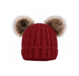Skullies & Beanies Cable Knit Beanie with Faux Fur Pompom Ears - Burgundy - CN18ISGCZ5Q $13.51