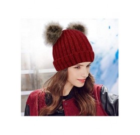 Skullies & Beanies Cable Knit Beanie with Faux Fur Pompom Ears - Burgundy - CN18ISGCZ5Q $13.51