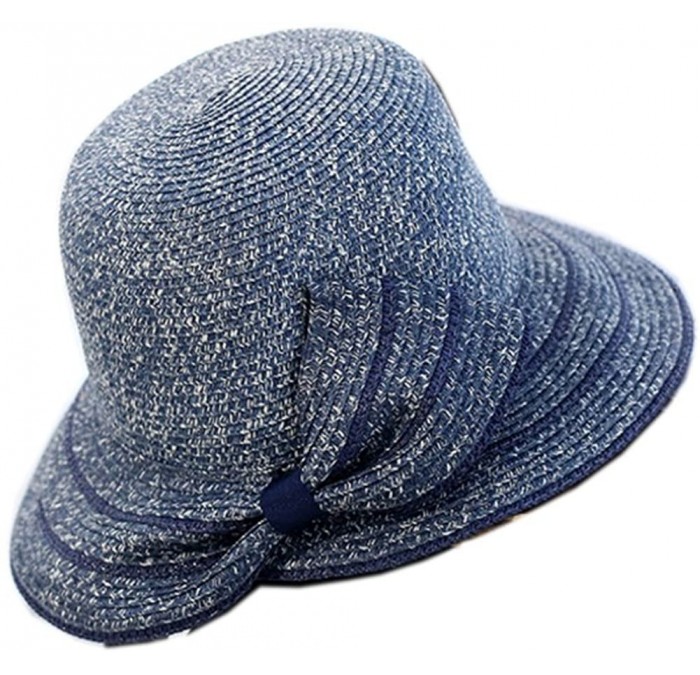 Sun Hats Women Elegant Bowknot Floppy Beach Straw Hats Wide Brim Packable Sun Cap - Navy Blue - CK18EZOU2A8 $16.93