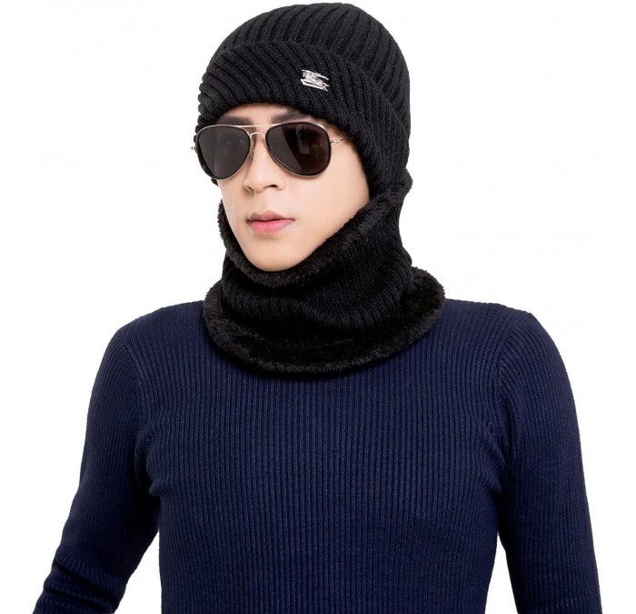Skullies & Beanies Winter Beanie Hat Scarf Set Fleece Lining Warm Knit Hat Thick Knit Skull Cap - Black - C81878K6YKY $9.87