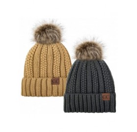 Skullies & Beanies Thick Cable Knit Hat Faux Fur Pom Fleece Lined Cap Cuff Beanie 2 Pack - Dk Melange/Camel - CS19252KZT9 $20.33