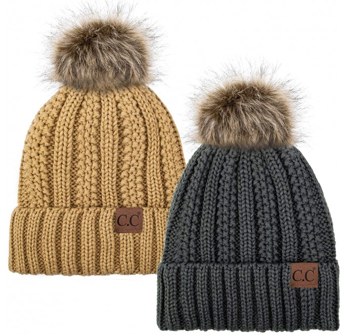 Skullies & Beanies Thick Cable Knit Hat Faux Fur Pom Fleece Lined Cap Cuff Beanie 2 Pack - Dk Melange/Camel - CS19252KZT9 $47.02