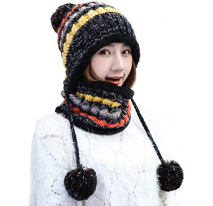 Skullies & Beanies Fleece Lined Women Knit Beanie Scarf Set Girls Winter Ski Hat with Earflap Pompom - Black - CO188QRY4L3 $1...