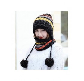 Skullies & Beanies Fleece Lined Women Knit Beanie Scarf Set Girls Winter Ski Hat with Earflap Pompom - Black - CO188QRY4L3 $1...
