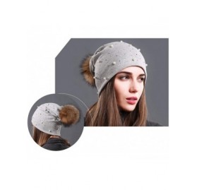 Skullies & Beanies Womens Slouchy Beanie Hat with Real Raccoon Fur Pompom Cotton Pearls Winter Fall Hat - Light Grey - CR1927...